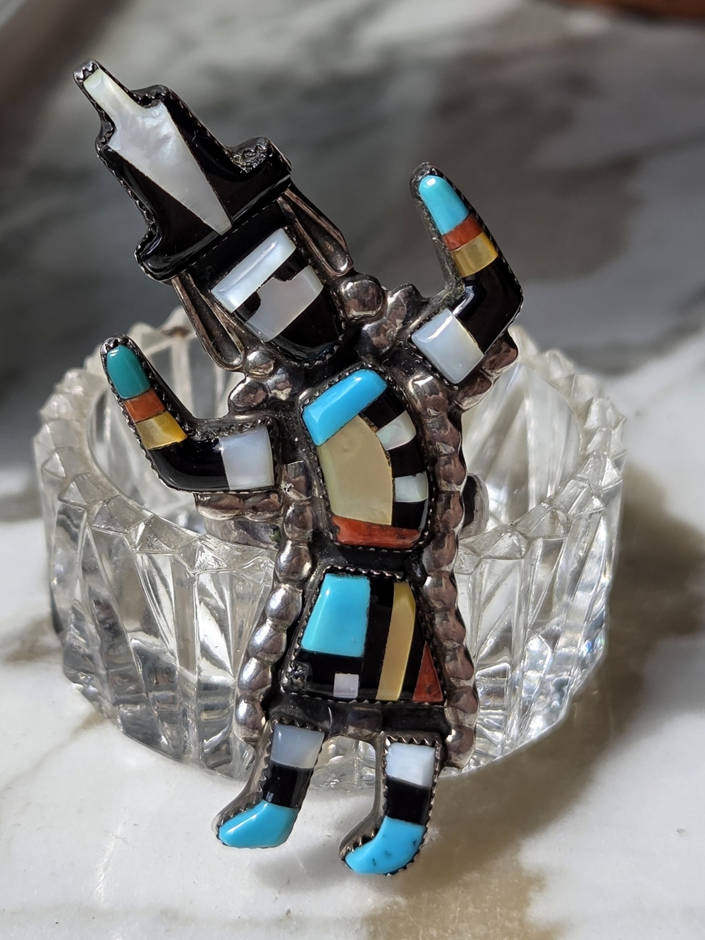 Vintage Zuni Sterling Silver Rainbow Man Inlay Ring - Size 8 - Oliver Cellicion